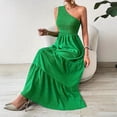 thumbnail image 4 of IUYRTFE Women's One-Shoulder Tiered Maxi Dress – Solid Green Flowy Long Gown for Summer Parties and Vacations, 4 of 7