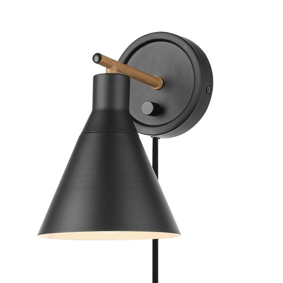 Open Box Globe Electric Tristan 1-Light Matte Black and Faux Walnut Dimmable Plug-In or Hardwire Wall Sconce with Stepless Dimming Rotary Switch, 51725