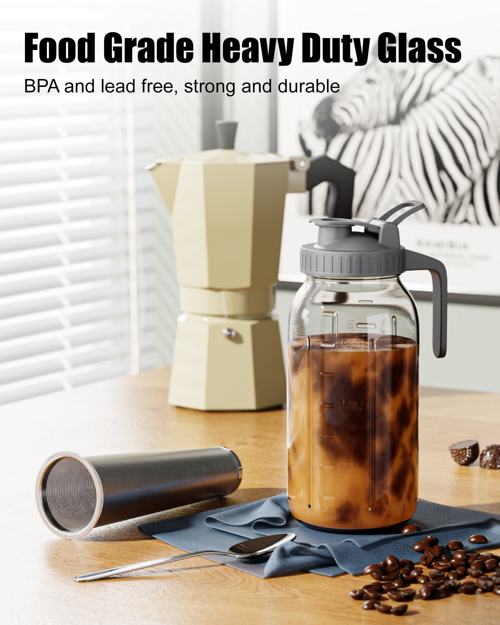 VA1KENE 64oz Cold Brew Coffee Pitcher Ice Coffee Maker with Spout, Handle & Stainless Steel Filter Coffee Maker with lid for Home Kitchen-Gray