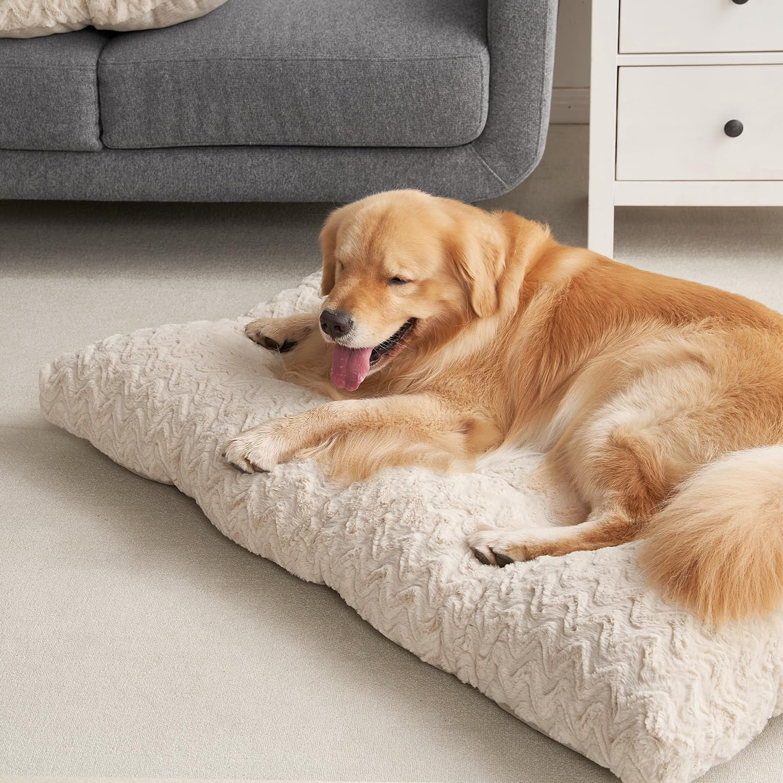 Washable Xl Dog Bed For Crate 41x27 Inch  Reversible Kennel Pad Extra Large Dogs Weight Up To 75 Lbs Plush And Comfy Pet Sleeping Mat Beige