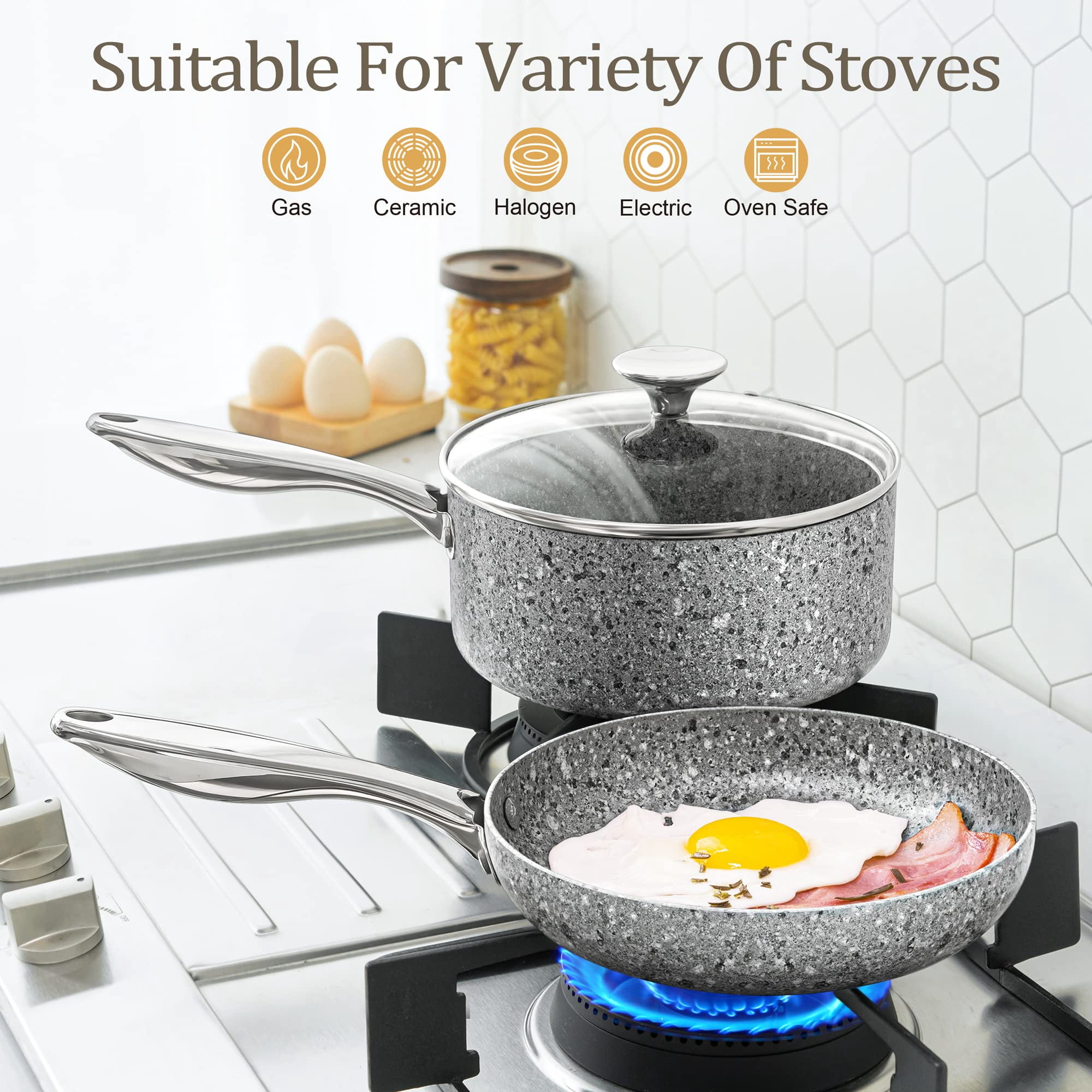 MICHELANGELO Stone Cookware Set 10 Piece, Ultra Nonstick Pots and Pans Set with Granite Coating, Kitchen Cookware Sets, Stone Pots and Pans Set, Granite Pots and Pans Set - 10 Piece