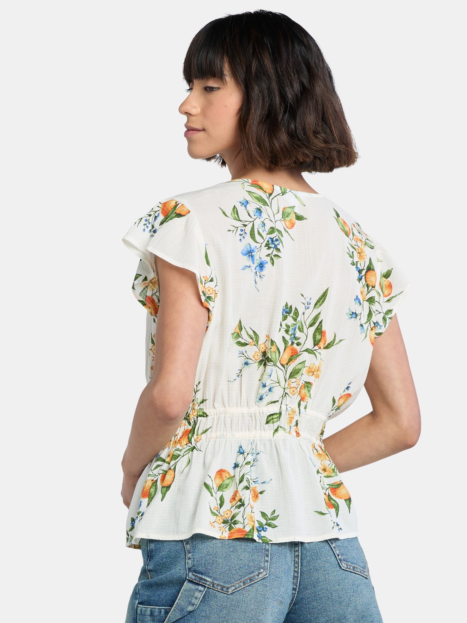 Time And Tru Women's Peplum Top with Flutter Sleeves, Sizes XS-XXXL