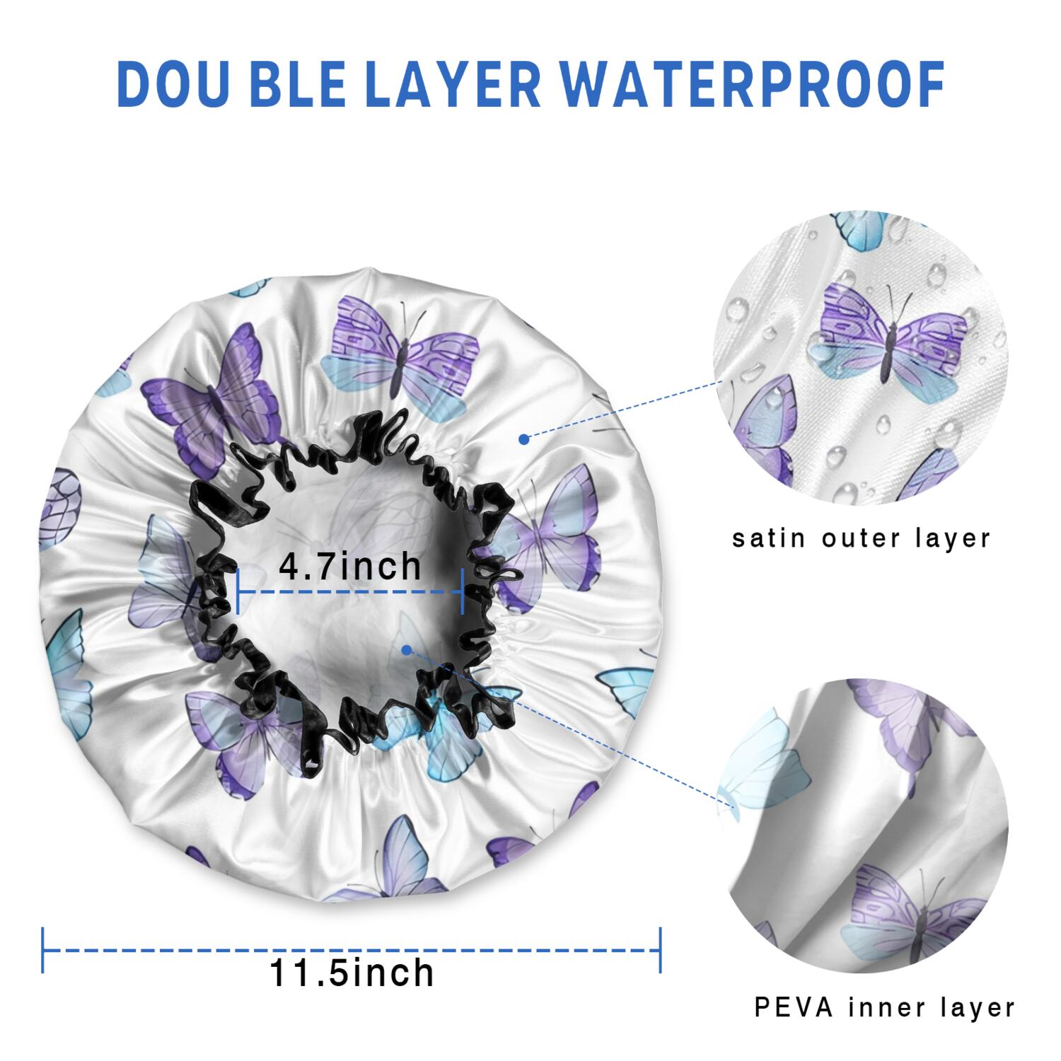 Shower Caps,White Blue Purple Butterfly Pattern Waterproof Shower Cap for Women 4 Pieces,Double Reusable Hair Cover for Shower PEVA Elastic Stretch Hem
