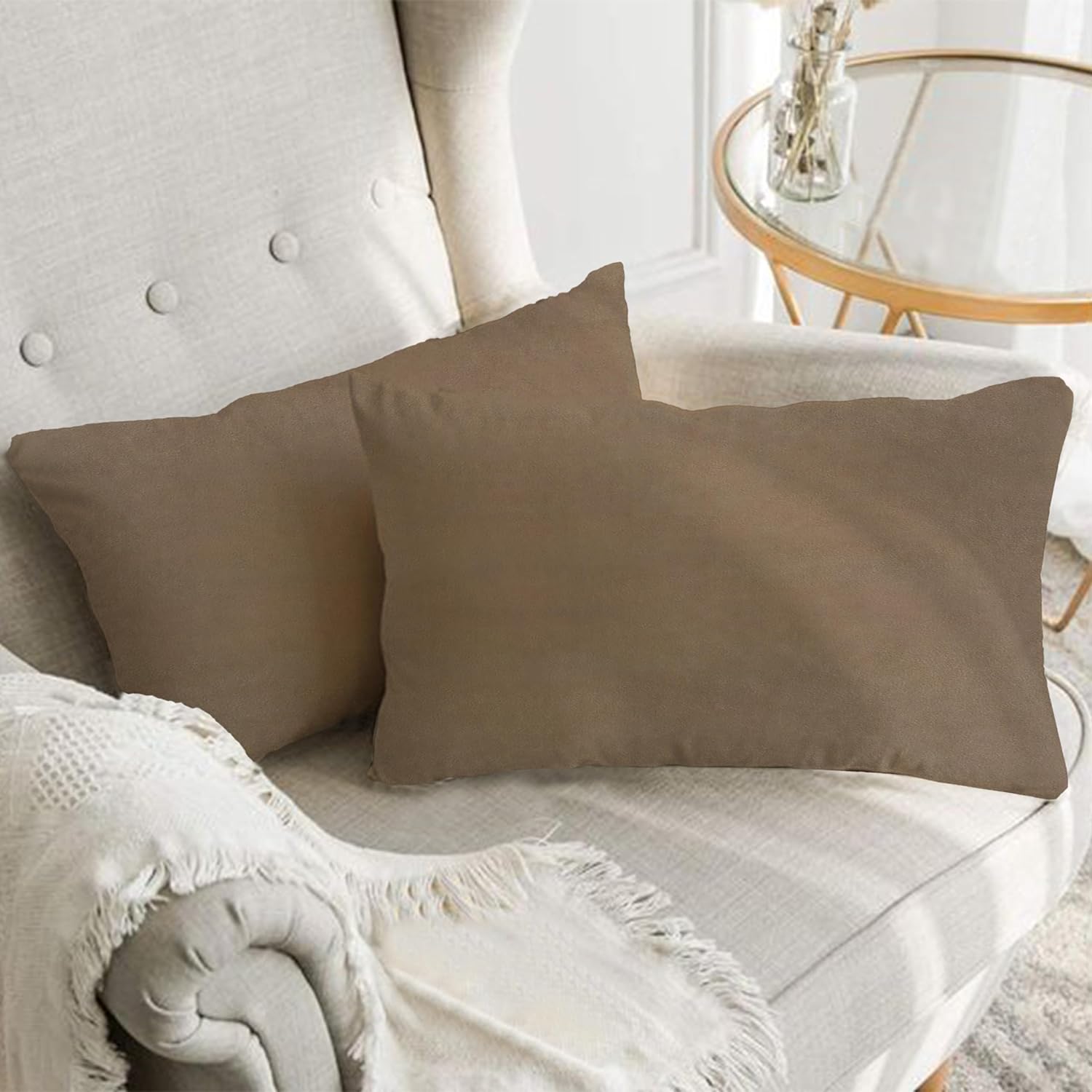 A1HC Set of 2 Luxurious Soft Velvet Throw Pillow Covers Only, 12"x20", Tan, Decorative Cushion Covers with Hidden YKK Zipper for Sofa or Bed