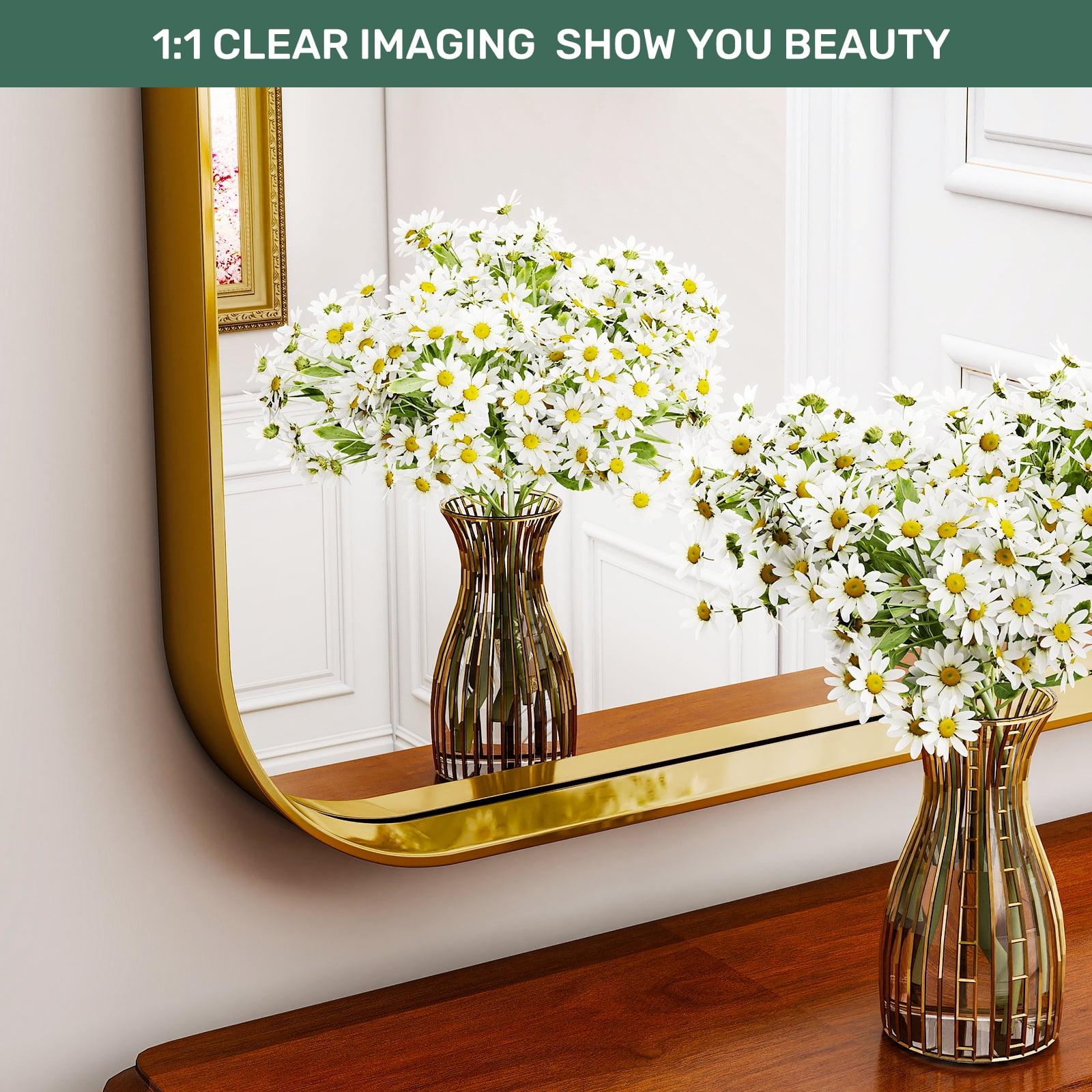 Gleamira 20"x30" Arch-Top Bathroom Mirror Deep Metal Frame Wall-Mounted Mirror , Gold