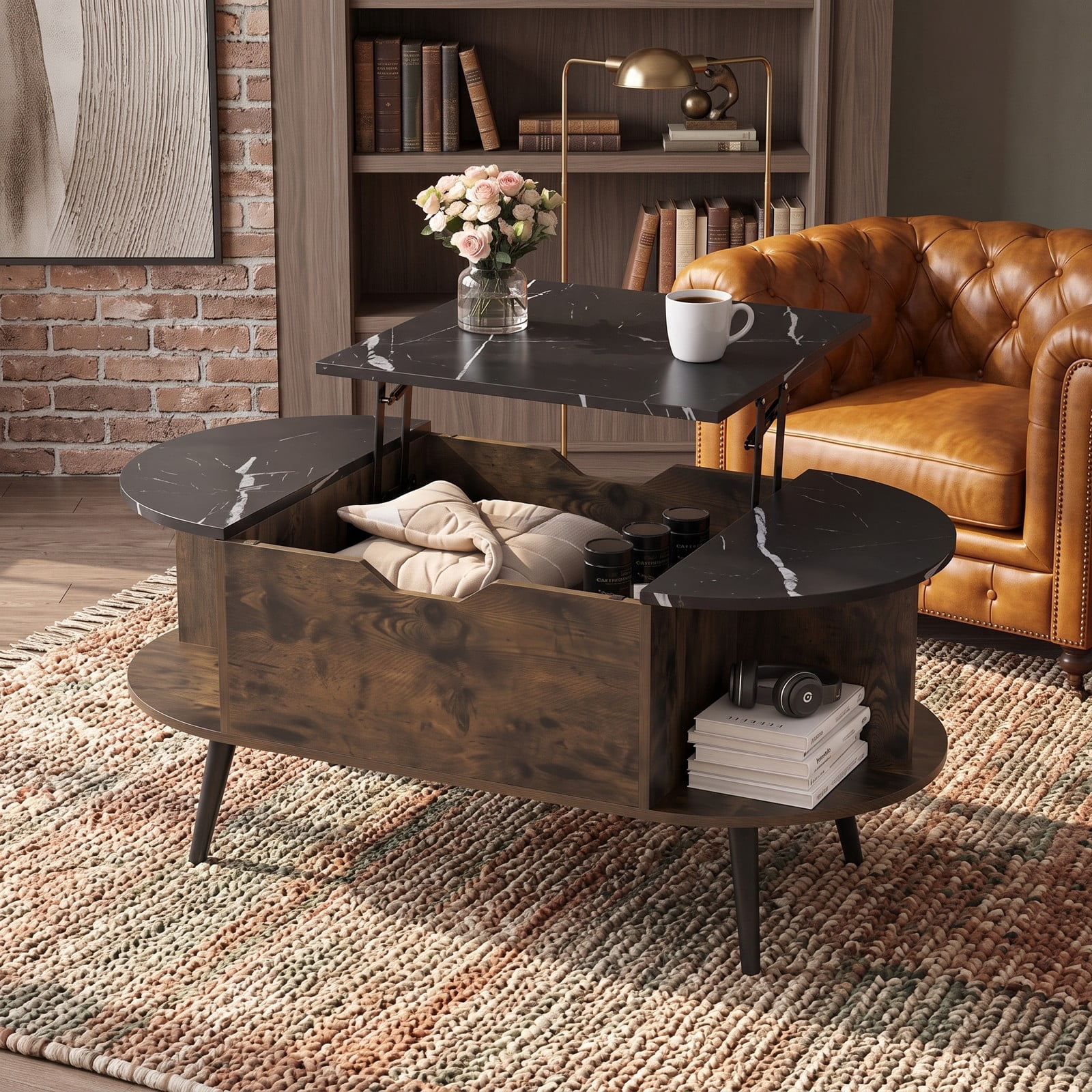 Furnibear Faux Marble Lift Top Coffee Table with Hidden Compartment and Side Shelves, 2-in-1 Rectangle Center Table for Living Room, Engineered Wood & Metal, Black