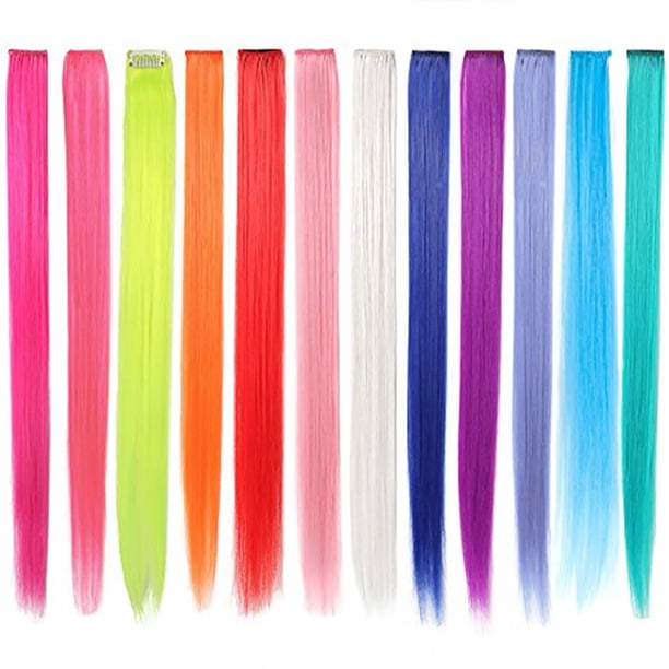 Clip de extensión de cabello de colores, pieza de cabello liso colorido, peluca para niños y niñas, Clip destacado, 12 Uds.