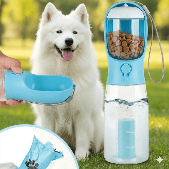 Modern Madame 3 in 1 Portable Dog Water Bottle 20oz Leak Proof Pet Dispenser with Food Container for Travel Walking Hiking