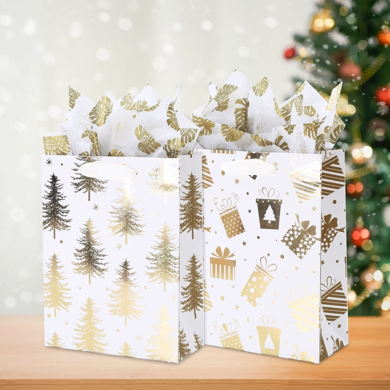 MOOCA 200 Pack White Paper Gift Bags With Gold Paint Design - 4x6 Inches, Small Treat & Jewelry Bags