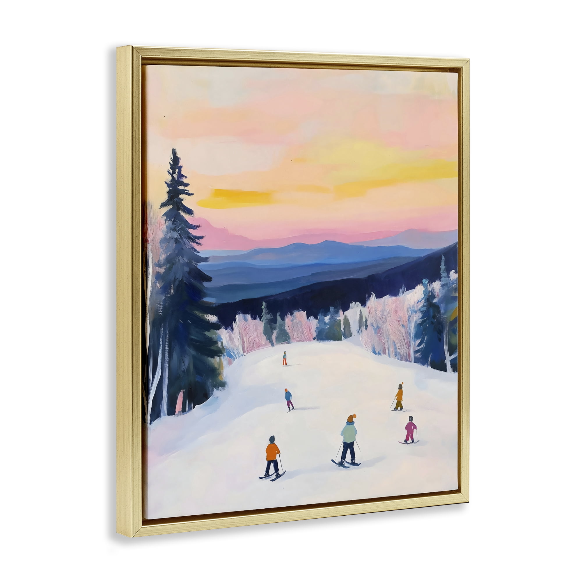 Stupell Industries Snowy Mountain Skiers at Sunset Gold Framed Floater Canvas Wall Art, design by The Prints Vibe