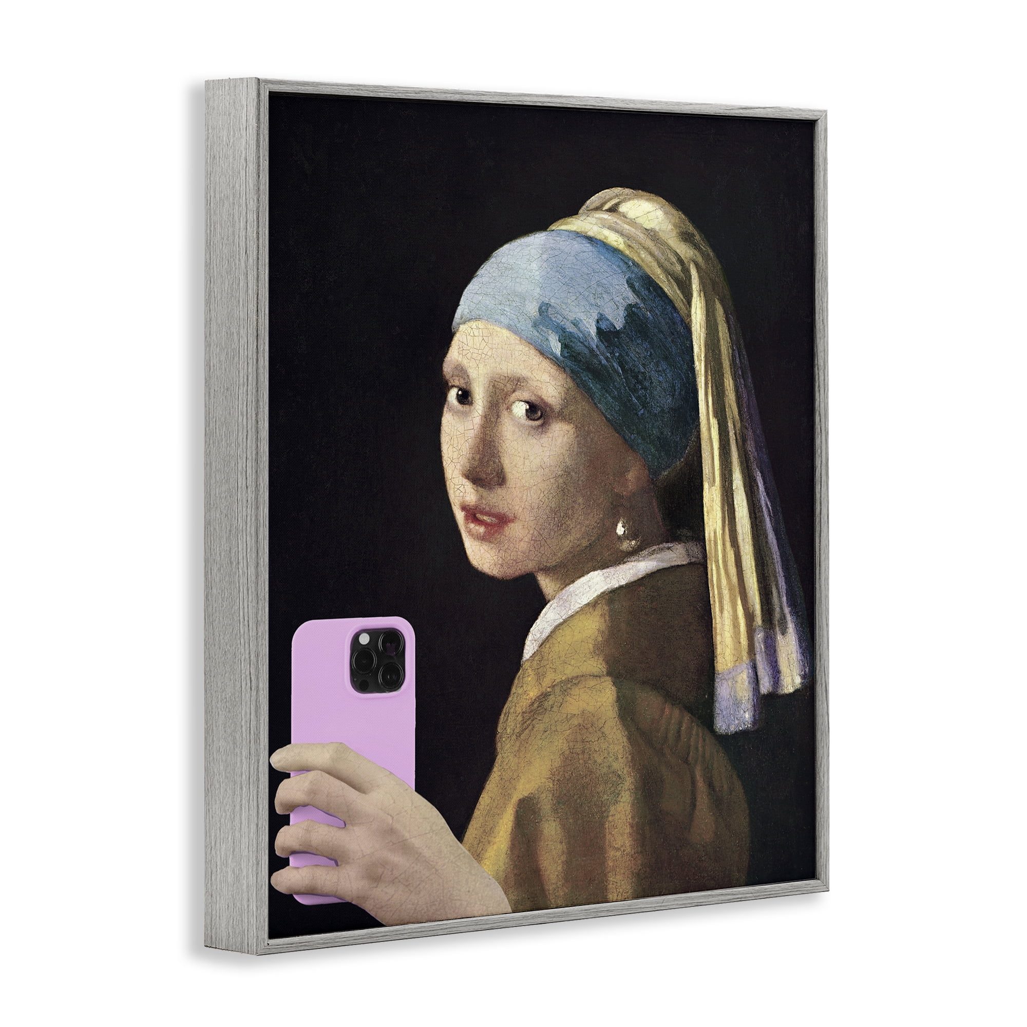 Girl With Pink Phone Funny Gray Framed Giclee Art, design by Masters Redux
