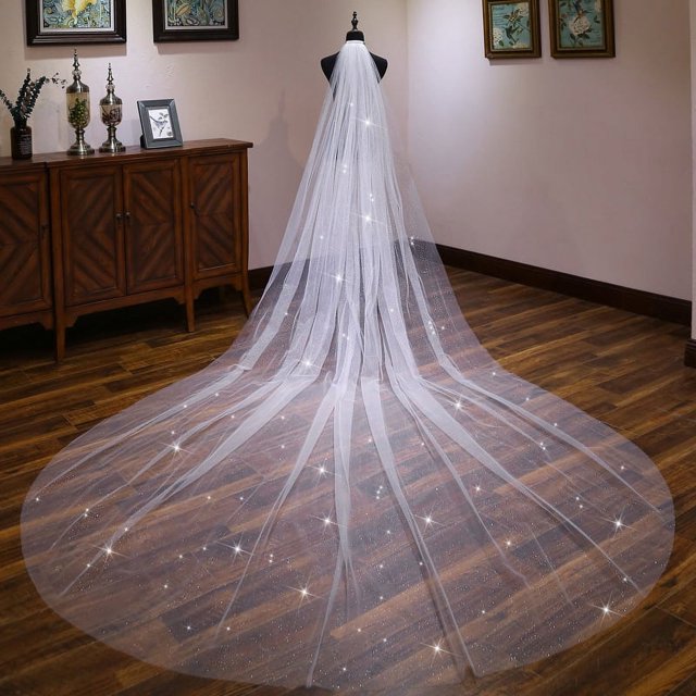 Velos de novia de boda Lentejuelas brillantes y brillantes que se arrastran largo exquisito tul suave velo catedral con purpurina punteada plateada para novia, 3 m * 1,5 m, una sola capa