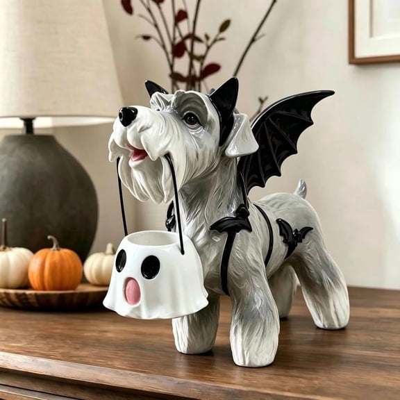 Halloween Schnauzer Bat Figurine with Ghost Bucket, Resin Dog Tabletop Decor for Home Mantel Shelf Halloween Decoration