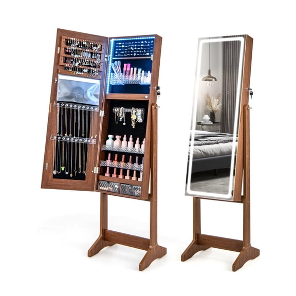 Furnibear Lockable Jewelry Armoire Standing Cabinet with Lighted Full-Length Mirror and Ample Jewelry Storage for the Bedroom and Dressing Room, Brown