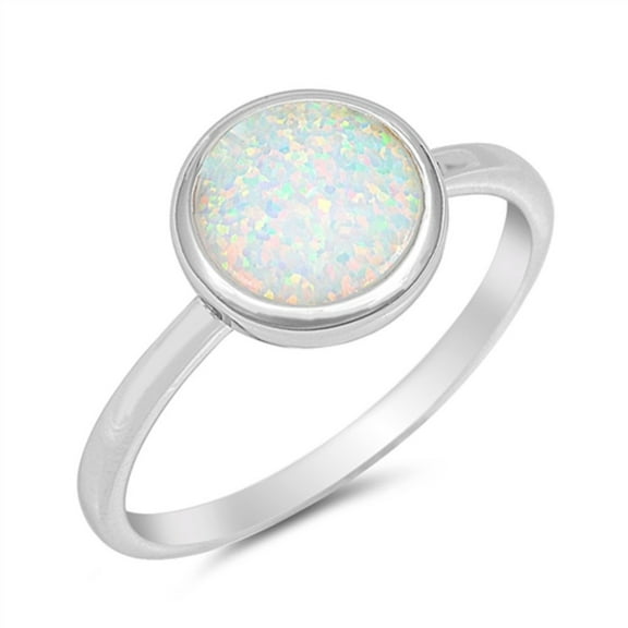 White Simulated Opal Round Solitaire Ring Sterling Silver Size 10