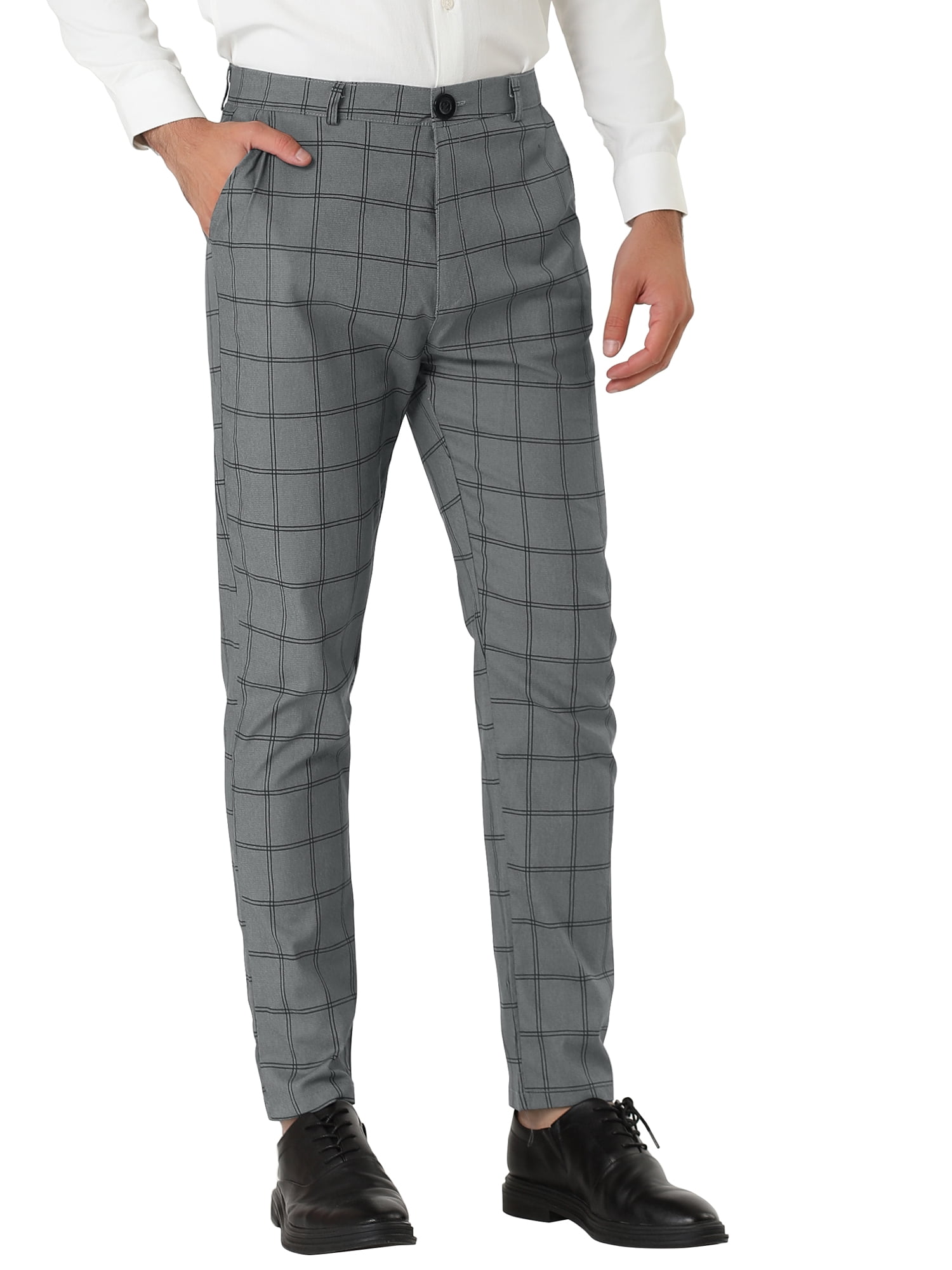 Unique Bargains Men's Slim Fit Plaid Business Pants Trousers with Pockets 38 Dark Gray
