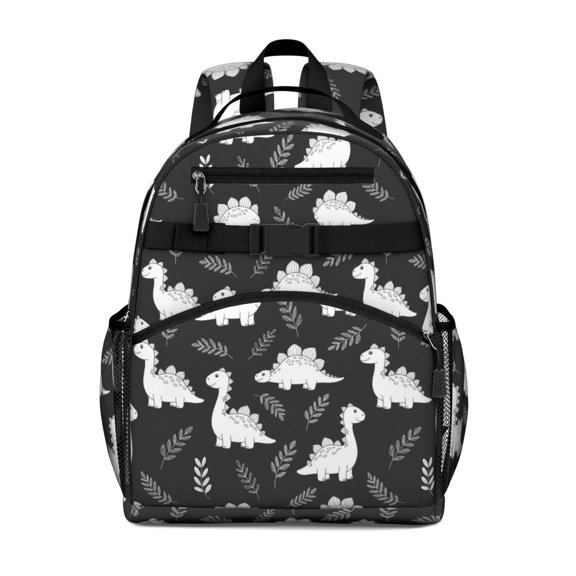 Dinosaur and Leaf Black Pattern Cute School Backpack Bag for School with Padded Back and Adjustable Shoulder Straps 15.25"x11.5"x5.25"