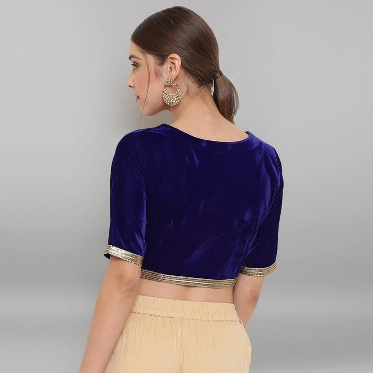Janasya Indian Round Neck Half Sleeve Solid Blue Velvet Stitched Blouse For Women