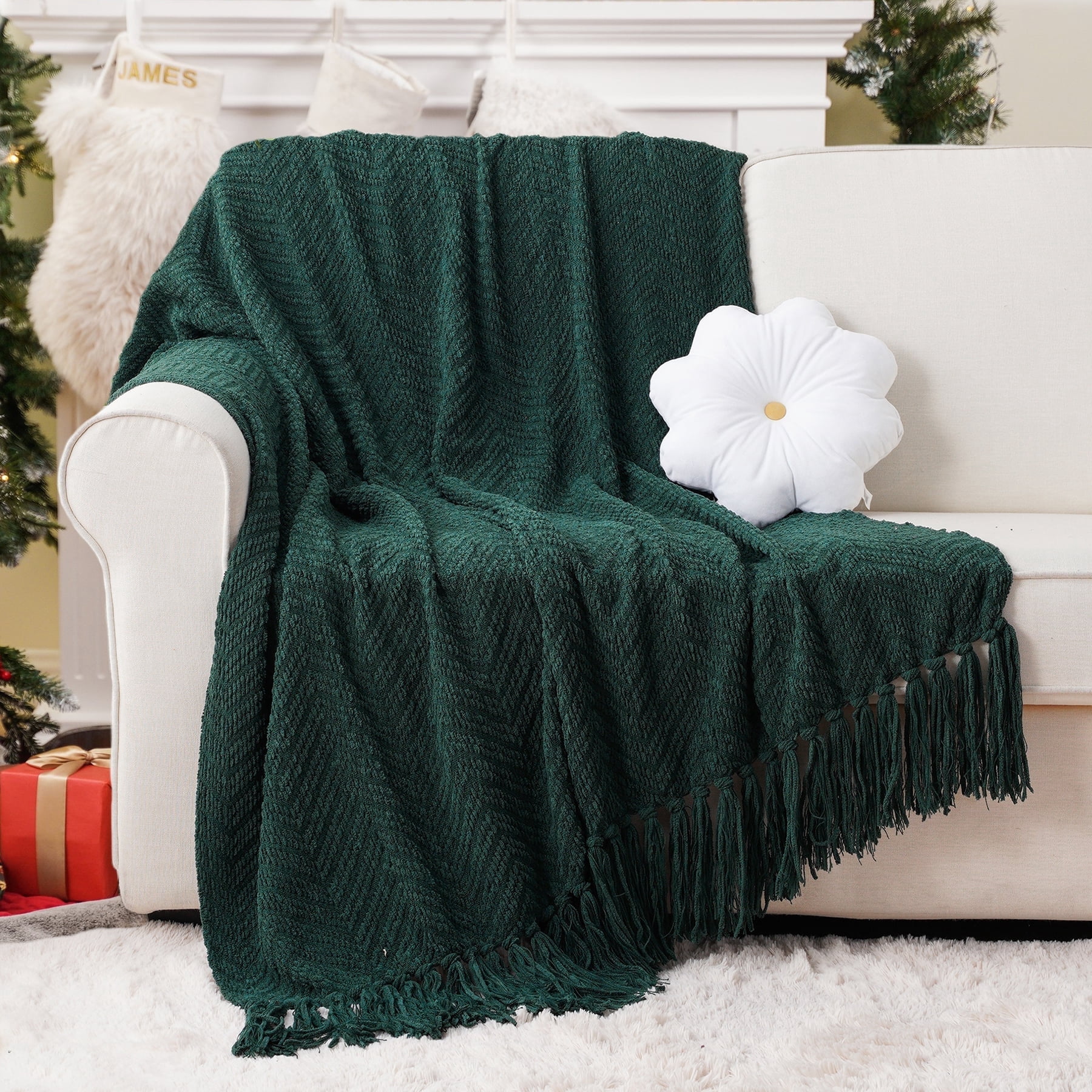Battilo Forest Green Throw Blanket for Couch,Knit Christmas Green Blanket for Living Room Decor,50"x60"