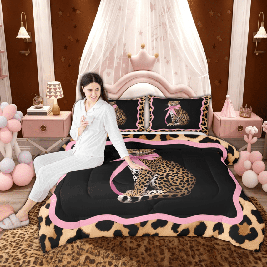 Manfei 3D Bowknot Leopard Wildlife Queen Comforter Set for Girl, Fashion Cheetah Print Bedding Sets, Pink Reversible, 3-Piece