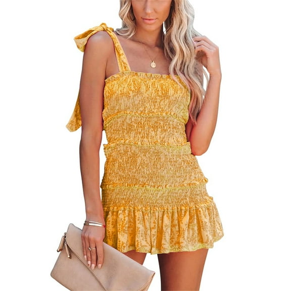 Chouyatou Women's Summer Floral Spaghetti Strap Square Neck Ruffle Tie Mini Smocked Dress