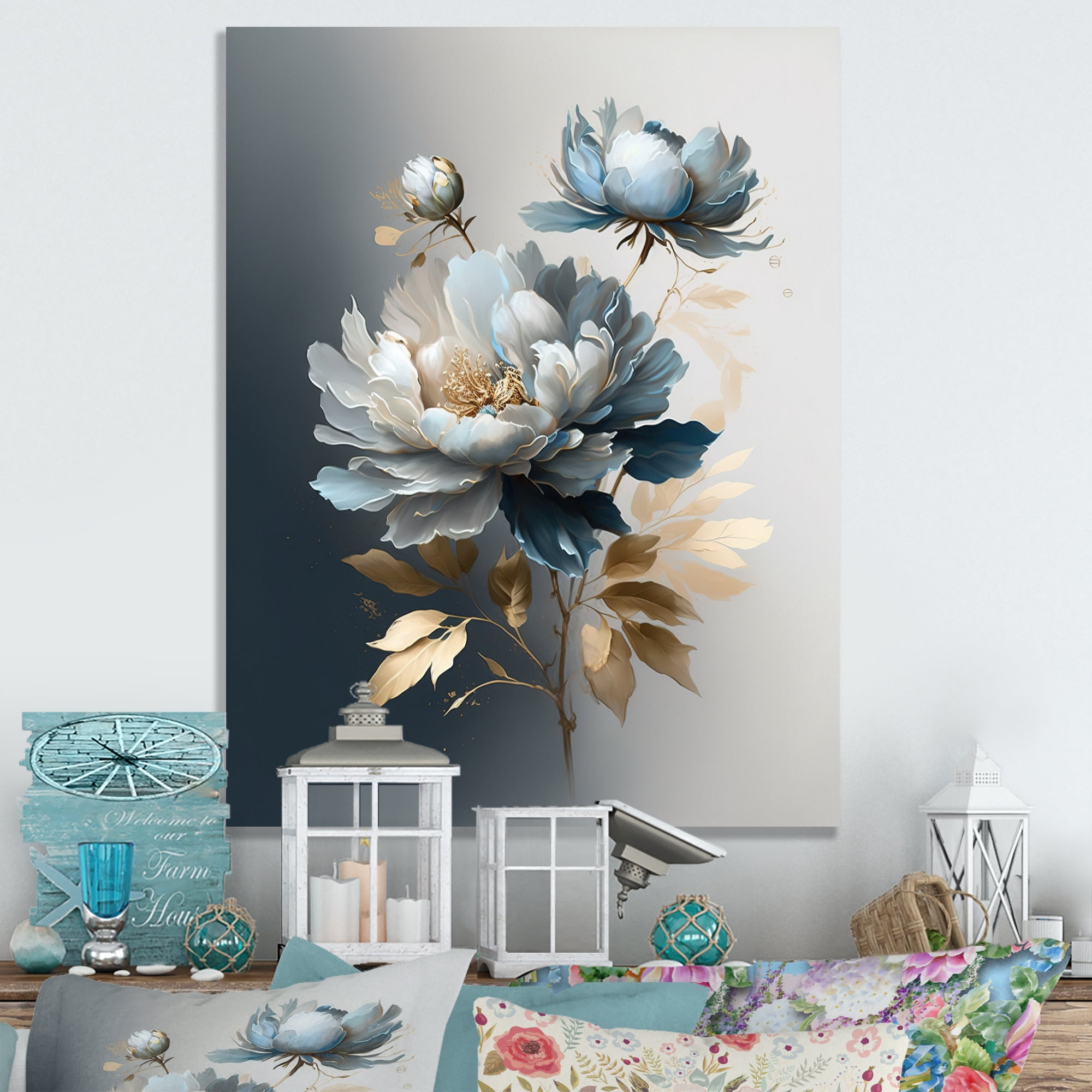 Designart Hyperrealistic Blue And Gold Peony II Canvas Wall Art