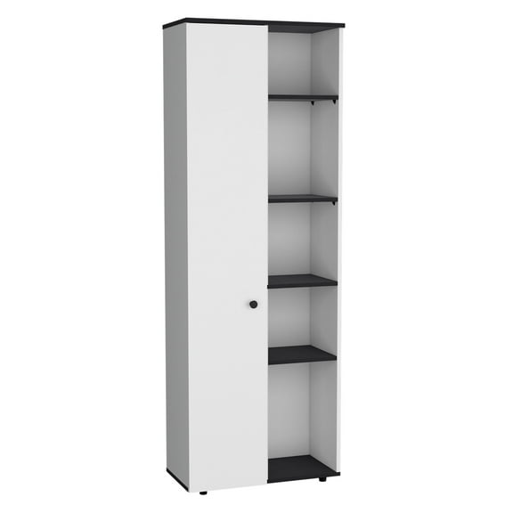 Newboti Furniture Cary 67" H Kitchen Storage Cabinet With One Door, Five Interior Shelves and Five Exterior Shelves,White/Black 44073