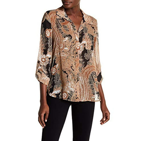 Tommy Hilfiger Women's Paisley Button Down Shirt Brown XS