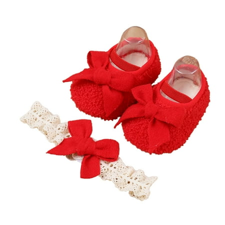 

Toddler Baby Girl Casual Shoes Solid Color Coral Fleece Bowknot Non-Slip Flat Shoes with Headband Cute Girls Soft Sole Shoes