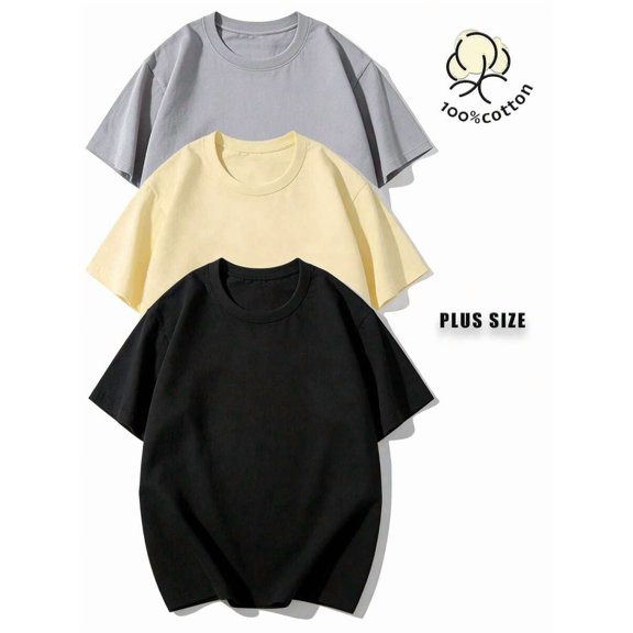 3-Pack Oversized Mens Crew Neck T-Shirt In Black Apricot Gray 100% Cotton Casual Streetwear Tee Plus Size