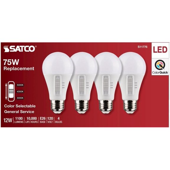 Satco A19 LED Light Bulb - 12W, Medium Base, CCT Selectable, 90 CRI - 4 Pack, White