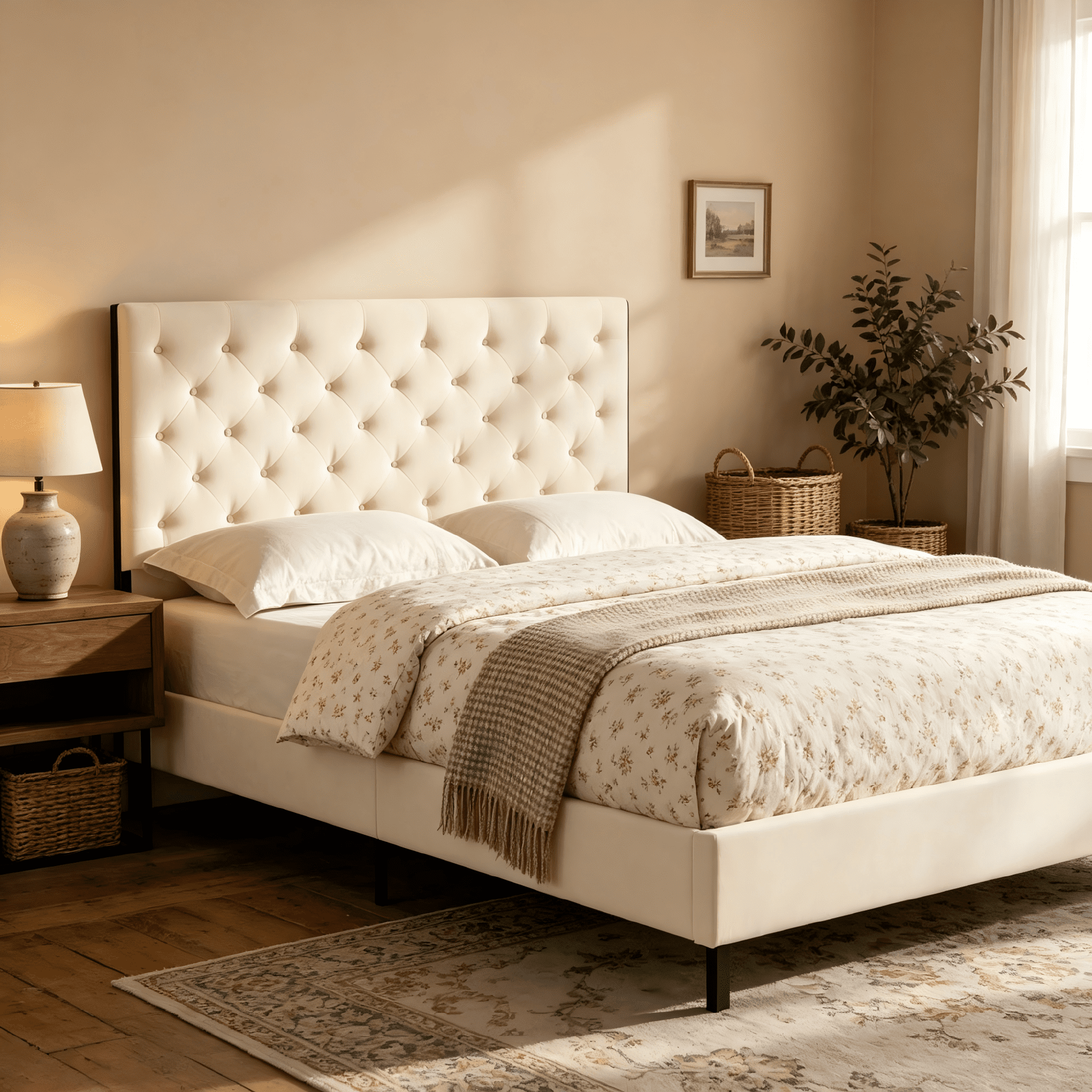 AC Pacific Modern Chic Polyester Beige Tufted Full Platform Bed