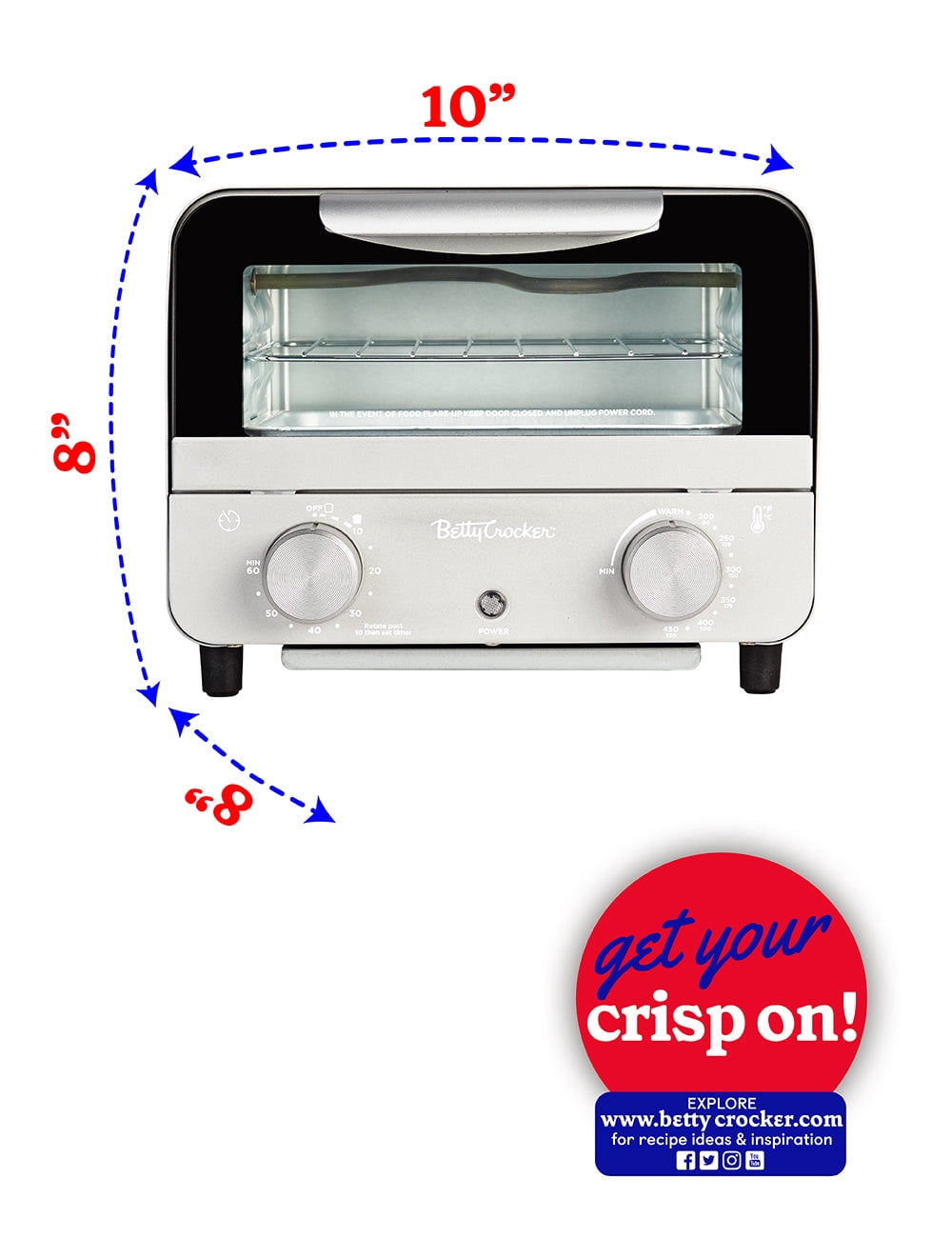 Betty Crocker Mini Toaster Oven, Compact Countertop Oven for Dorms, RVs, Apartments, 7-Liter Capacity, 750W, Adjustable Timer, Includes Baking Tray & Rack, BC-5629S, Gray/Black