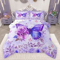 Castle Fairy Teenagers Purple Floral Flying Butterflies Full Size Comforter Sets 3-Piece,Chic Flower Rose Bedding Comforter Set,Spring Garden Dreamy Princess Lightweight Bedding Sets