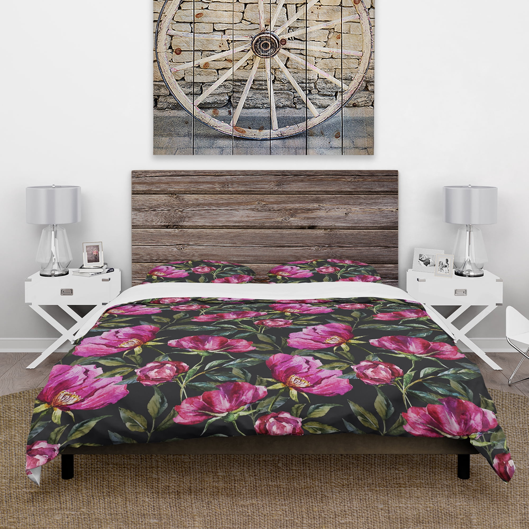 Designart 'Purple Flowers on Dark Background Hand Painted' Abstract Duvet Cover Set