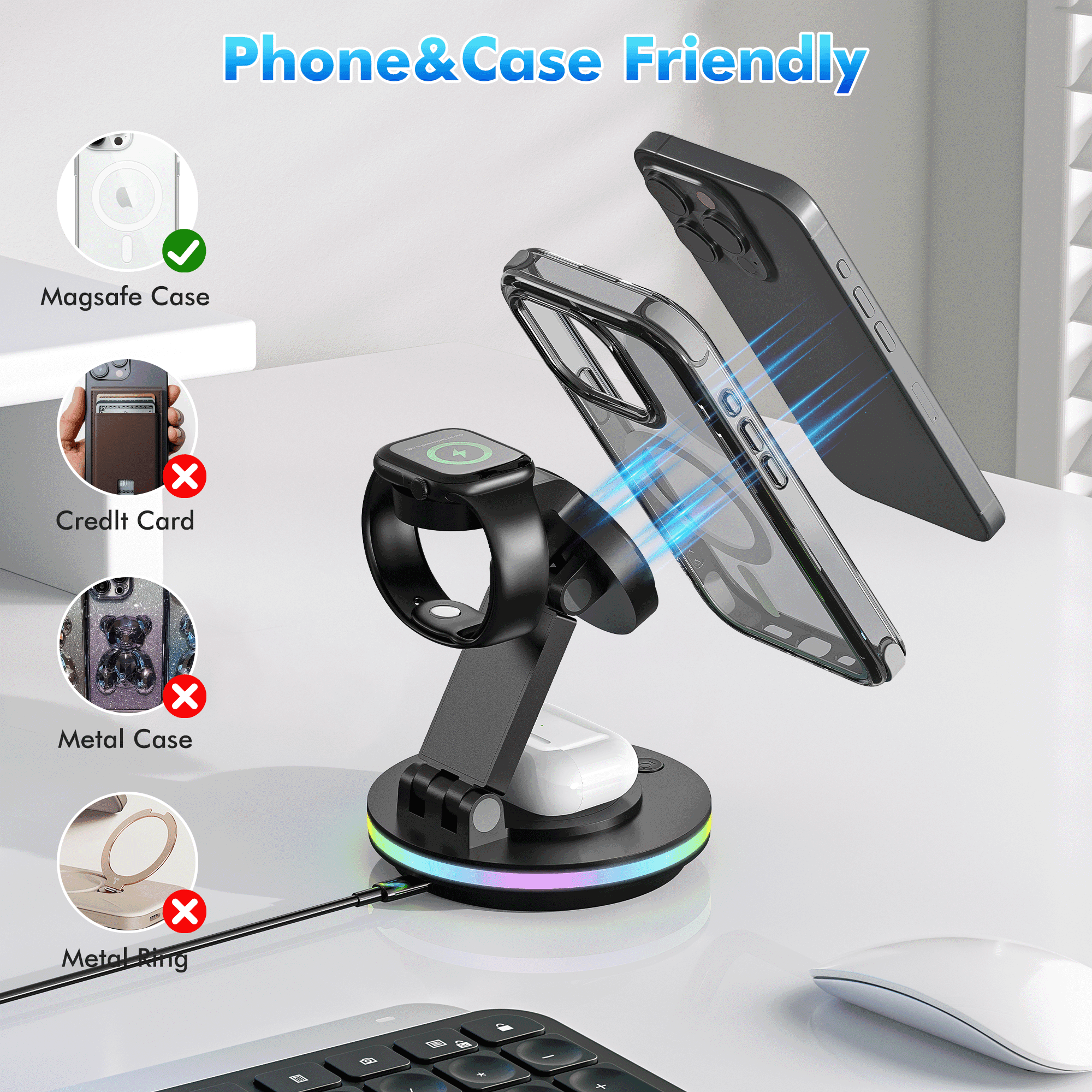 OWNTECH 20W 3-in-1 Wireless Charging Station Compatible with iPhone 16/15/14/Pro/Max, Apple Watch, AirPods Pro/4/3/2 - Fast Charger Pad with Night Light & Adapter Included (Black)
