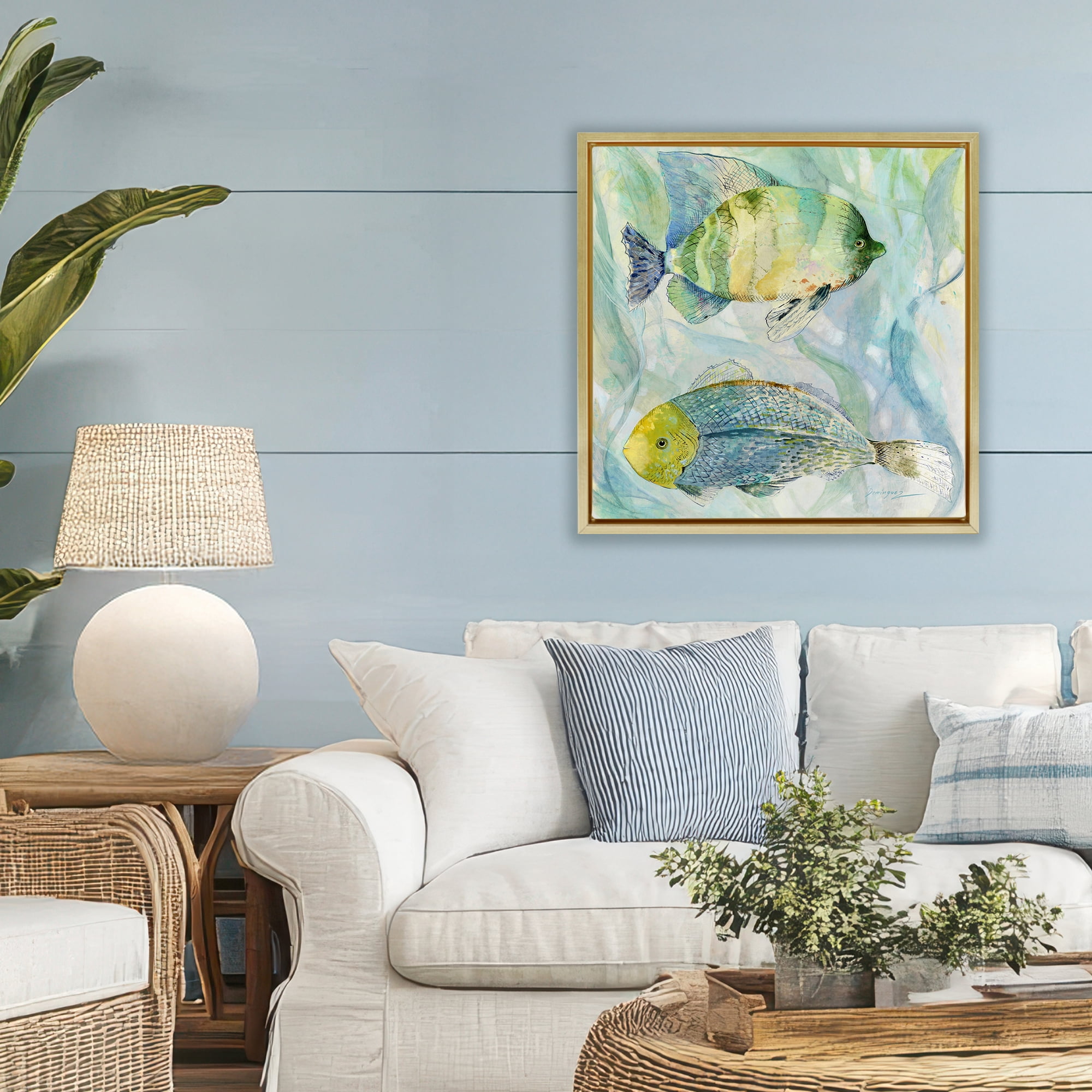 Stupell Industries Sweet Fish Duo Blue Green Gold Framed Floater Canvas Wall Art, design by Lorenzo Collective