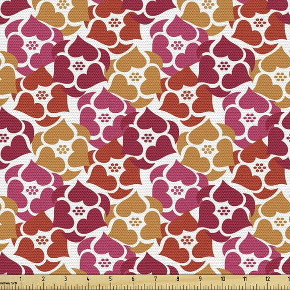 Spring Fabric by the Yard Upholstery, Flowers Petals of Heart Shaped Buds Leaves Romantic Shabby Bridal, Decorative Fabric for DIY and Home Accents, Persian Orange Red and Pink by Ambesonne