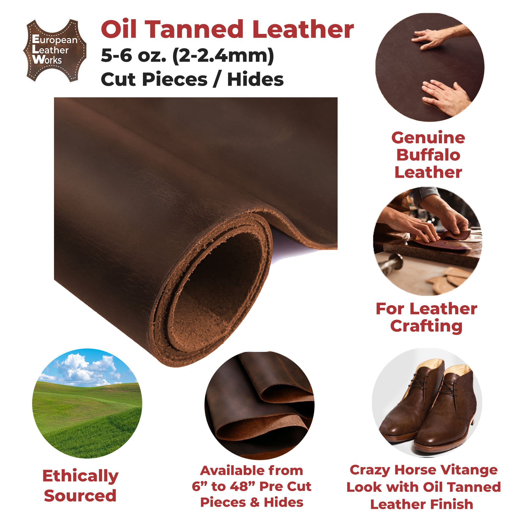Tooling Leather 5-6oz Pre-Cut Oil-Brown Pull-up Genuine Cow Leather Hide Skin 