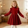 thumbnail image 2 of ShomPort Girls Pleated Skirt Ruffle Cable Knit Lantern Sleeve Mock Neck Ribbed Midi Skirt A-Line Swing Cute Dresses, 2 of 6