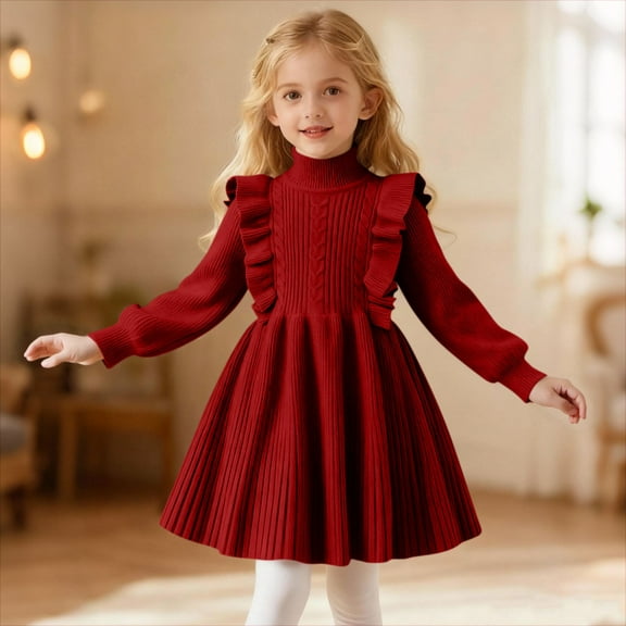 Girls Dress Square Neck Long Sleeve Fall A-Line Dresses Kids Casual Elegant Party Princess Clothes for Girl Red 7-8 Years