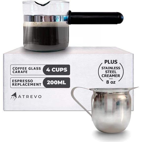 Espresso Carafe Glass Replacement - 4 Cup. Fits Most Machines, Mr. Coffee, Cuisinart, Breville. PLUS Stainless Steel Creamer (8oz).