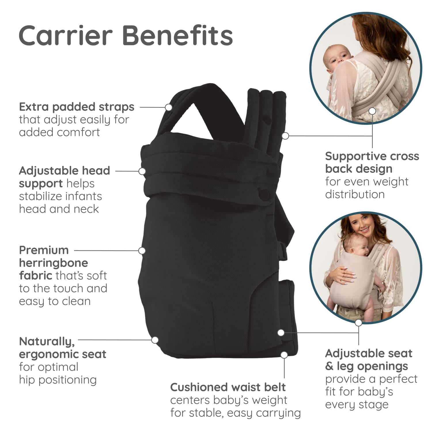Infantino Honey Blossom Baby Carrier, Ergonomic Carrier, Adjustable Seat, Infant to Toddler 7–40 lbs, Unisex, Black Sand