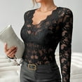 thumbnail image 2 of Wuxian Long Sleeve Shirts For Women Lace Sheer V-Neck Mesh Top Fashionable Blouse See Through Floral Undershirts Embroidery Solid Color Breathable Layering T-Shirts Trendy Clothes,Black,L, 2 of 9