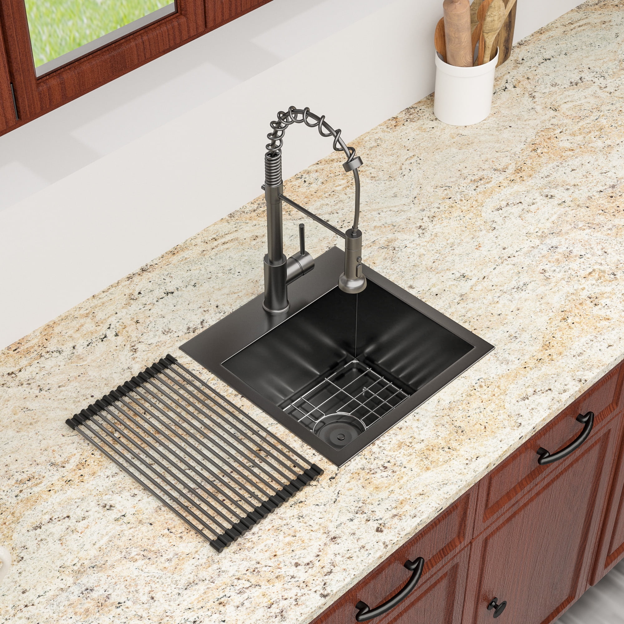 Lordear 15x15x9 inch Black Stainless Steel Kitchen Sink Topmount Bar