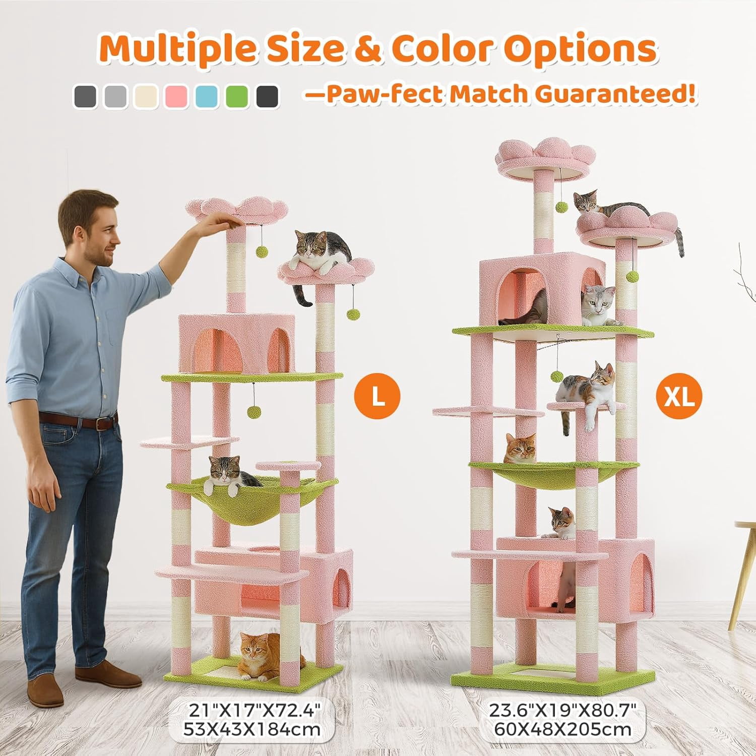 LEHOME Flower Cat Tree, 72 Inches Large Cat Tower with Steel Frame Hammock and 7 Scratching Posts, Tall Cat Tree with 2 Condos and Perches for Large Indoor Cats - Pink