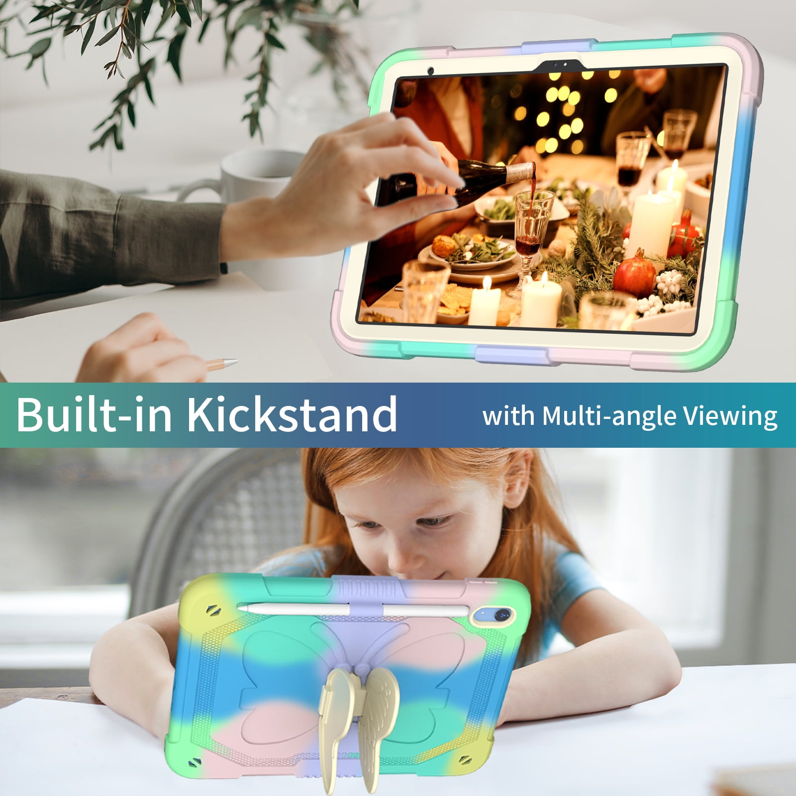 iPad 10th Generation 10.9 Inch 2022 Case with Kickstand Butterfly Wings Pencil Holder, TECH CIRCLE Heavy Duty Hard Rugged Protective Kids Girls Cover for iPad 10th Gen 10.9 Inch 2022,Colorful/Green