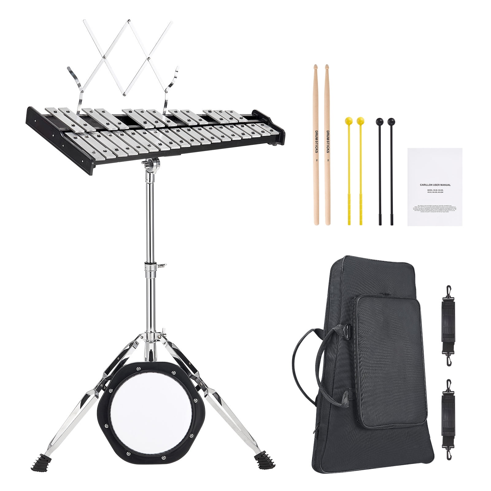 SKYSHALO 30-Key Glockenspiel Xylophone Set, Complete Percussion Kit with Mallets, Sticks, Sheet Music Holder, 8'' Training Pad, Height-Adjustable Stand & Portable Bag for Learners & Enthusiasts