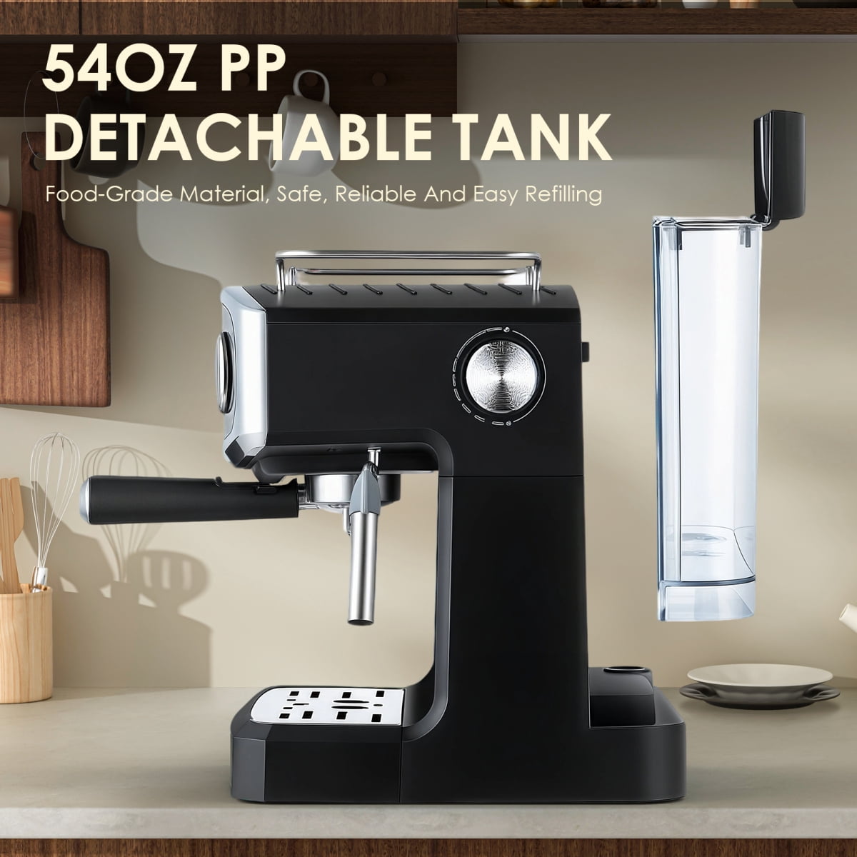 Plum Chef 20 Bar Compact Espresso Machine with Steam Wand, 54oz Water Tank, Low Noise Home Coffee Maker Black