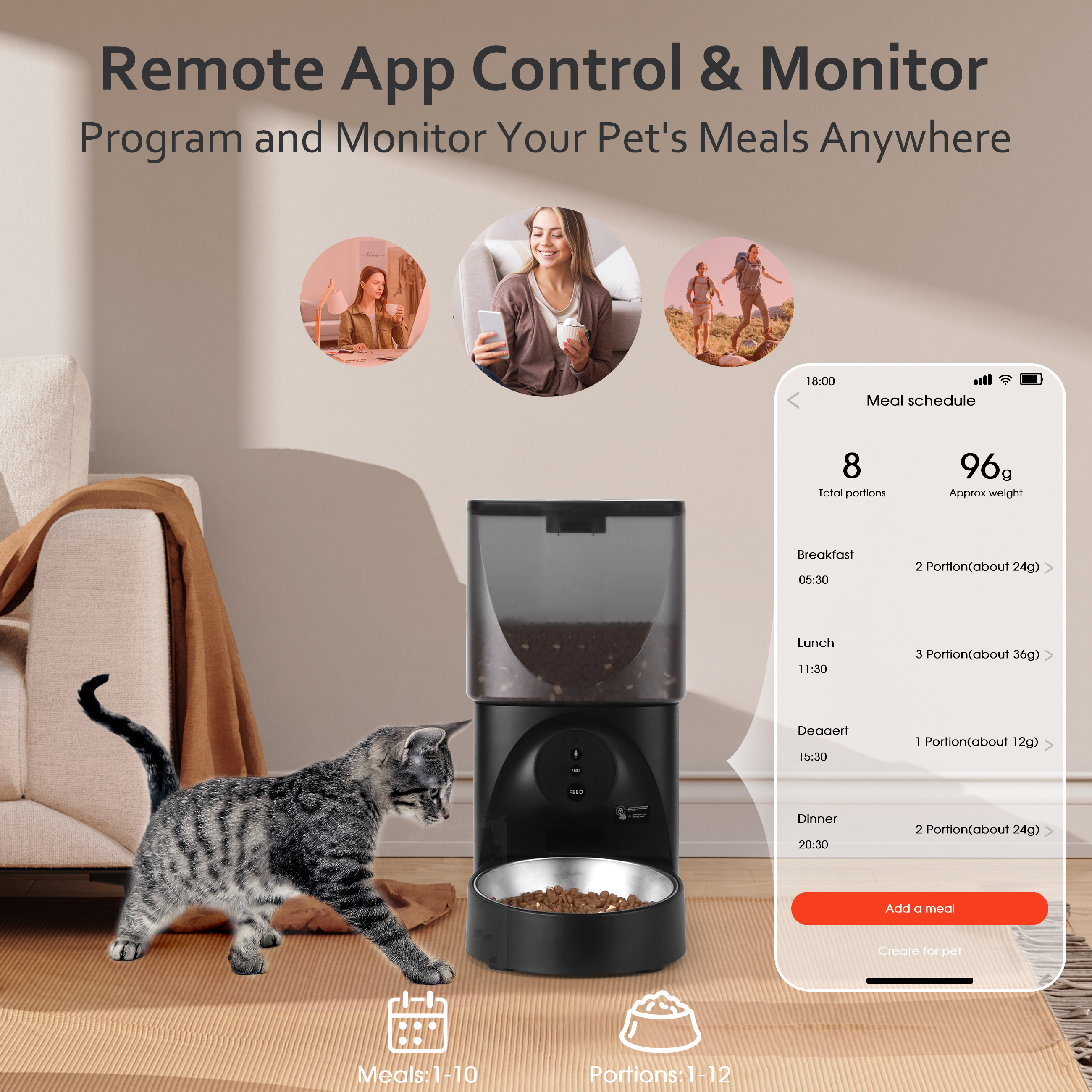 Cobectal Automatic Dry Cat Feeder with Adjustable Station, Voice Control & Dual Power Supply